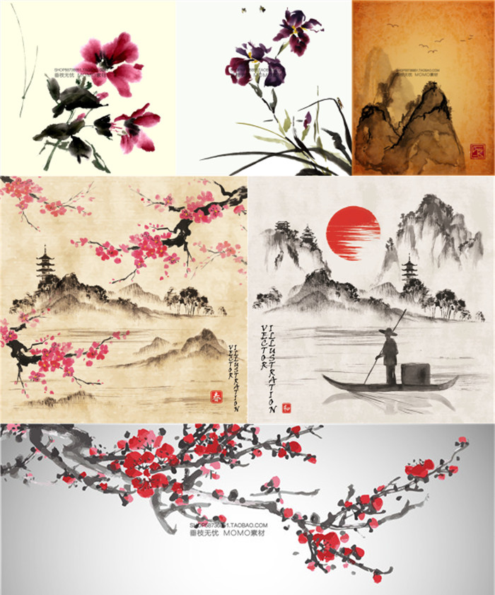 A3189矢量中国风水墨山水花朵绘画作品图案 AI设计素材