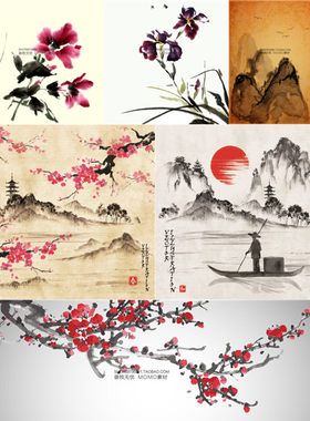 A3189矢量中国风水墨山水花朵绘画作品图案 AI设计素材