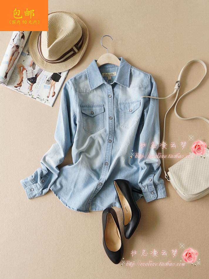 全棉质感厚实牛仔棉衬衫水洗浅蓝磨白衬衣单排扣修身女装长袖