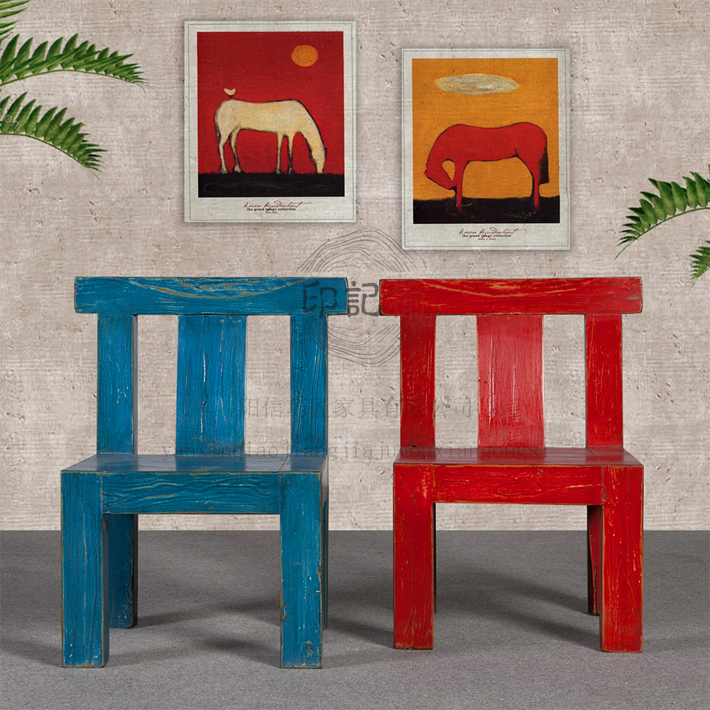 印记榆彩漆做旧老榆木换鞋凳纯实木家具地中海式小椅子新中式凳子