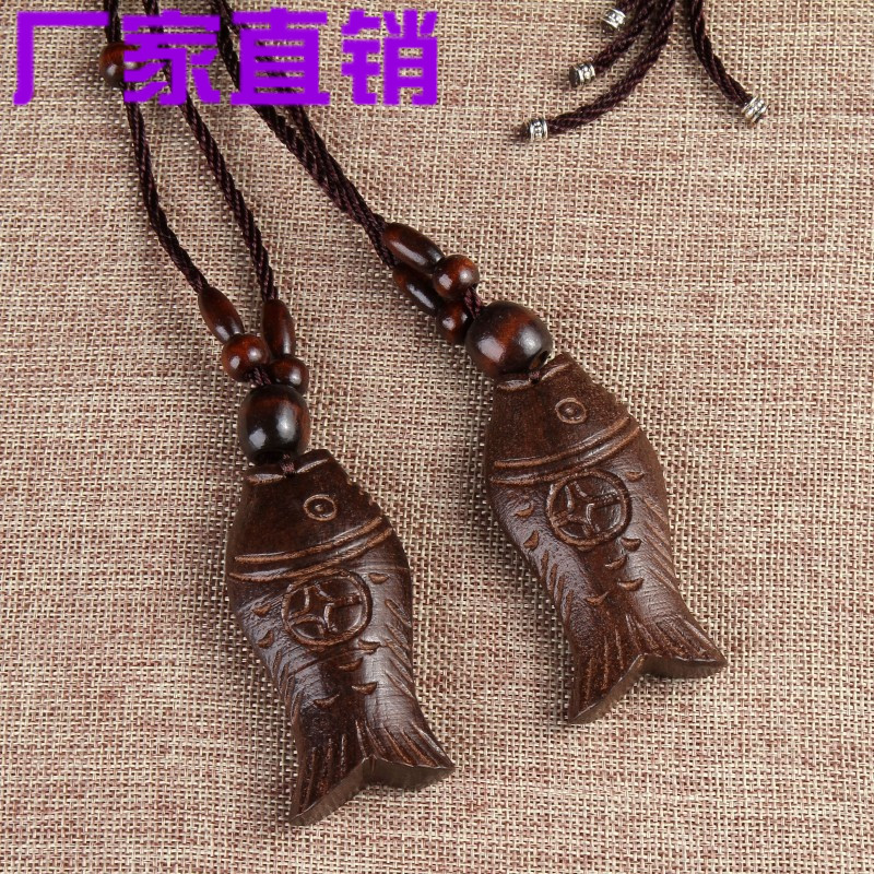 复古民族风手工雕刻桃木鱼项链长款棉麻配饰品挂件木头项链毛衣链
