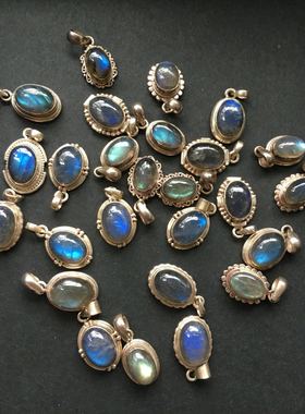 尼泊尔拉长石花边925银蓝光吊坠