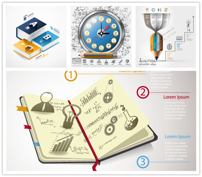 A1387矢量扁平化信息图教育学习书本笔记图表ICONS AI设计素材