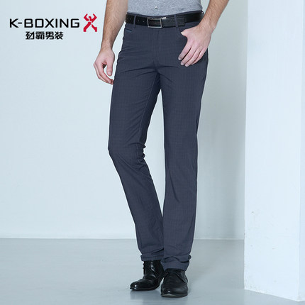 劲霸纯棉舒适休闲裤男 夏季新品商务绅士中腰长裤 雅致格纹直筒裤