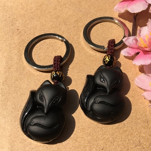 黑曜石黑狐匙扣吊坠 桃花小狐聚缘脱单人缘男女钥匙扣随身戴