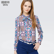 Linda 2015 spring new Qing bi ladies ' short sleeve round collar splicing folded printed geometric figure long sleeve shirt