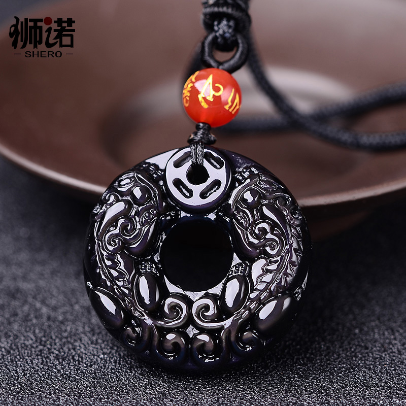 天然黑曜石双貔貅吊坠平安扣项链男女款挂件情侣饰品项坠礼物