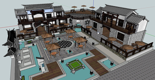 中式茶楼戏台庭院景观建筑草图大师sketchup模型设计素材源文件