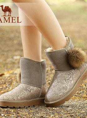 【非卖品】Camel/骆驼女鞋时尚保暖雪地靴磨砂牛皮貉子毛圆头新