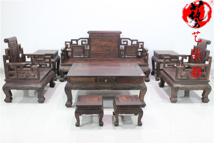 红木家具大红酸枝卷书花鸟八件套沙 发实木仿古组合沙发交趾黄檀