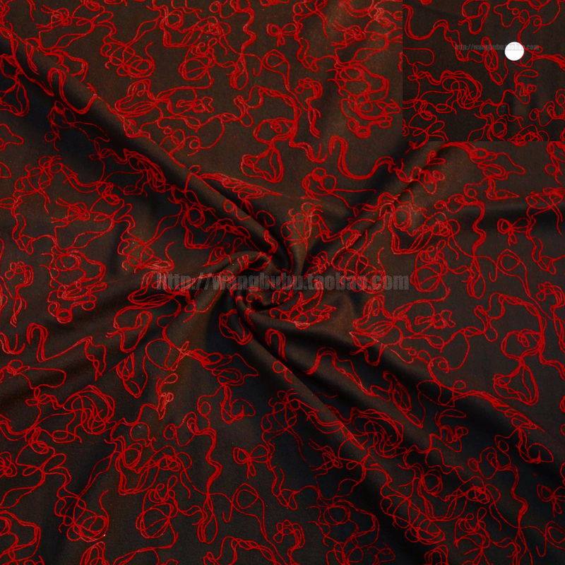 加厚新款植物花卉黑色底红色维罗呢毛呢布料秋冬大衣羊毛服装面料