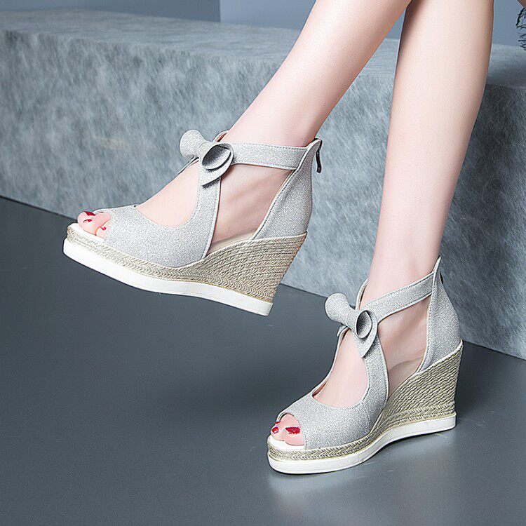 2017 summer Hollow zipper bow Toe With slope High-heeled The thickness of the bottom Flat bottom lady Sandals Black gold silveryin the Women's Shoes, Sandals  category - from Buy2taobao.com to provide professional Taobao agent buy service