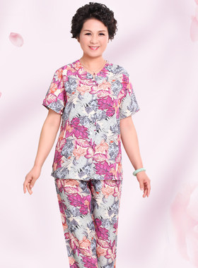 老太婆女套装奶奶冰丝短袖家居服