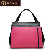 Honggu red Valley women's Shoppe of genuine new European fashion zipper contrast color leather shoulder handbag 1963