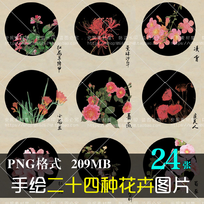 (j021)手绘png花卉花朵图案桂花金银花菊花腊梅蓝雪玉兰杜鹃素材