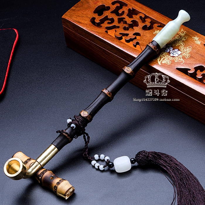 老式旱烟袋烟斗玉石烟嘴黄铜烟锅紫竹旱烟袋烟袋锅锅竹节烟杆烟枪
