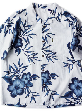 108-168加肥加大码全棉夏威夷男女 短袖蓝色大花朵印花衬衫1180