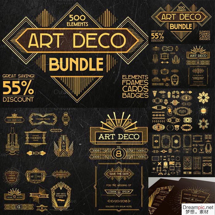 ai矢量设计素材 500个art deco风格图案边框花纹纹样元素含png