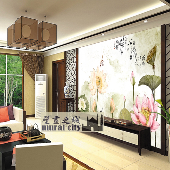 水墨3d荷花墙纸现代简约中式壁纸沙发书房客厅莲花壁画背景墙布