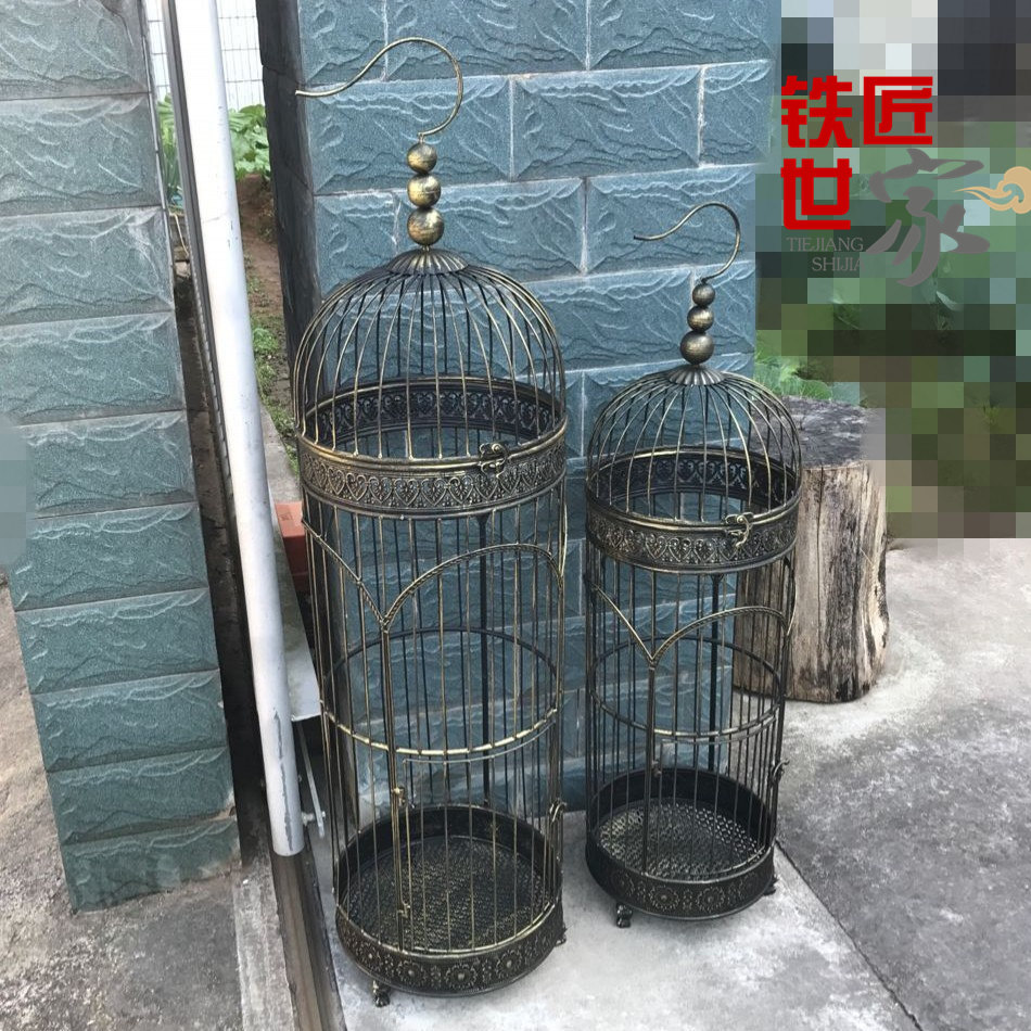 装饰鸟笼 大号 铁艺复古鸟笼摆件 青铜色鸟笼道具 橱窗鸟笼软装