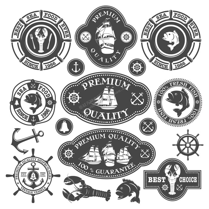 A0823矢量扁平化海鲜海域帆船龙虾螃蟹LOGO图标ICONS AI设计素材