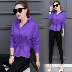 2017春装新款女装衬衫韩版修身纯色长袖衬衣春季系带显瘦学生寸衫