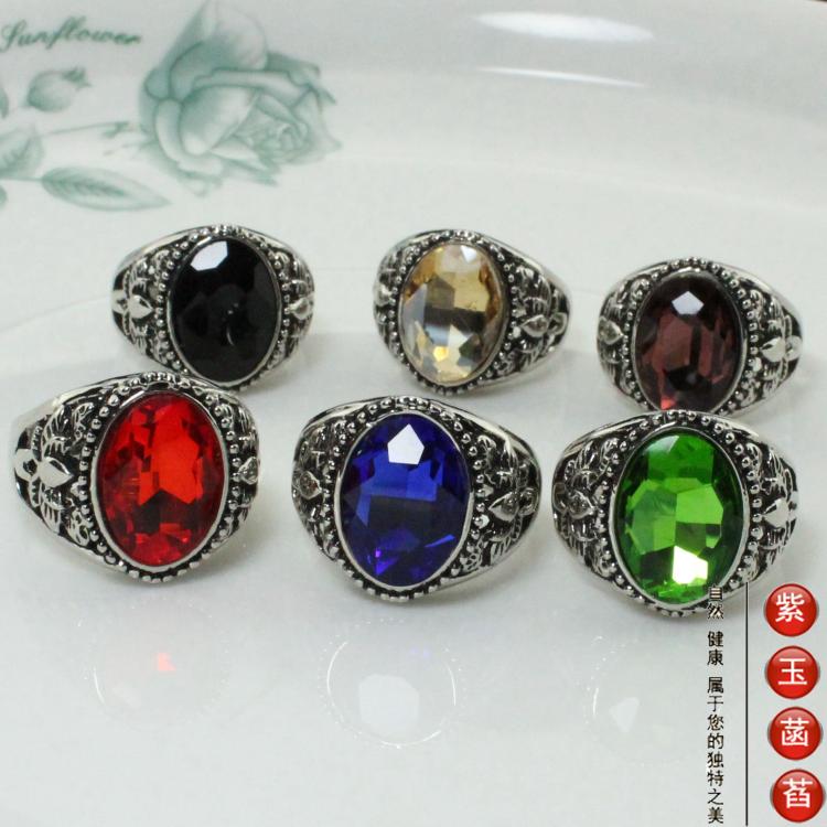 戒指男士欧美复古彩宝椭圆蓝宝6色多码凯特王妃宝石情侣戒cb024