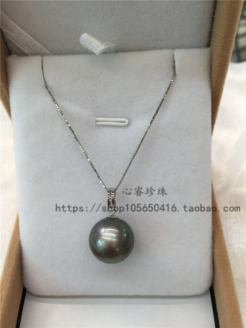 18k金贵气超大溪地黑珍珠吊坠 13-14mm正圆天然强光黑珍珠项链