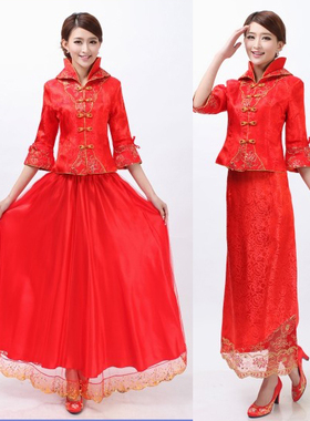 2020新款红色纱裙宴会结婚礼服新娘装小凤仙套裙敬酒服超大码孕妇