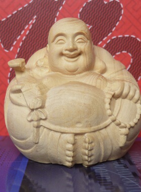 微雕木雕2寸原色小叶黄杨木雕工艺品小摆件手把件:如意大笑佛