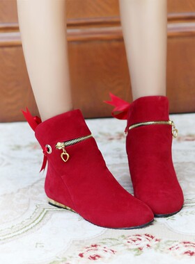 缺码处理 红色靴子学生鞋小码女靴平底靴子小码靴子 32码  ssf