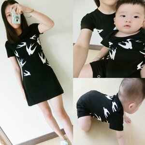 婴儿亲子装Q4夏款宝宝哈衣爬服三口母女母子装连体衣燕子哺乳裙子