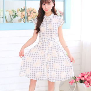 清仓特卖花炮大叔复古文艺风衬衫领中长款连衣裙格子花朵收腰短袖