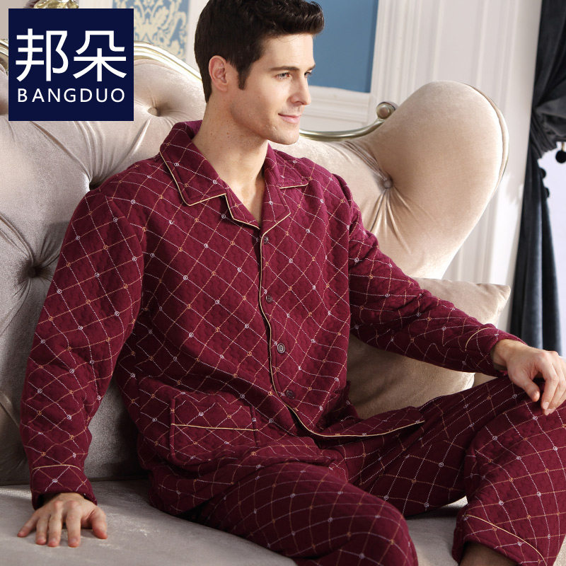 秋冬款男士睡衣长袖纯棉加棉秋季冬季加厚全棉夹棉保暖居家服套装