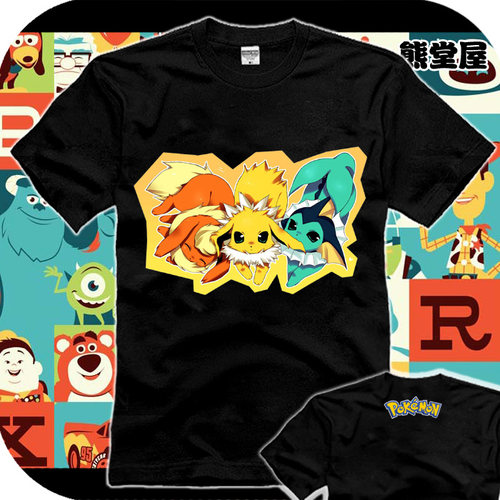 口袋妖怪黑白2精灵宝可梦水精灵火精灵雷精灵伊布衣服短袖t恤