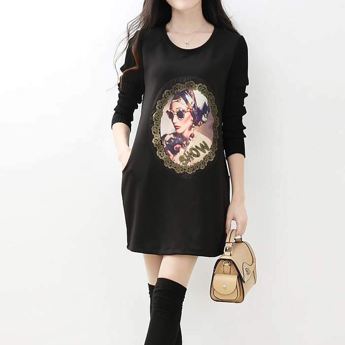 不退换 2017新款冬装女长袖韩版圆领美女图案加厚中长款针织衫