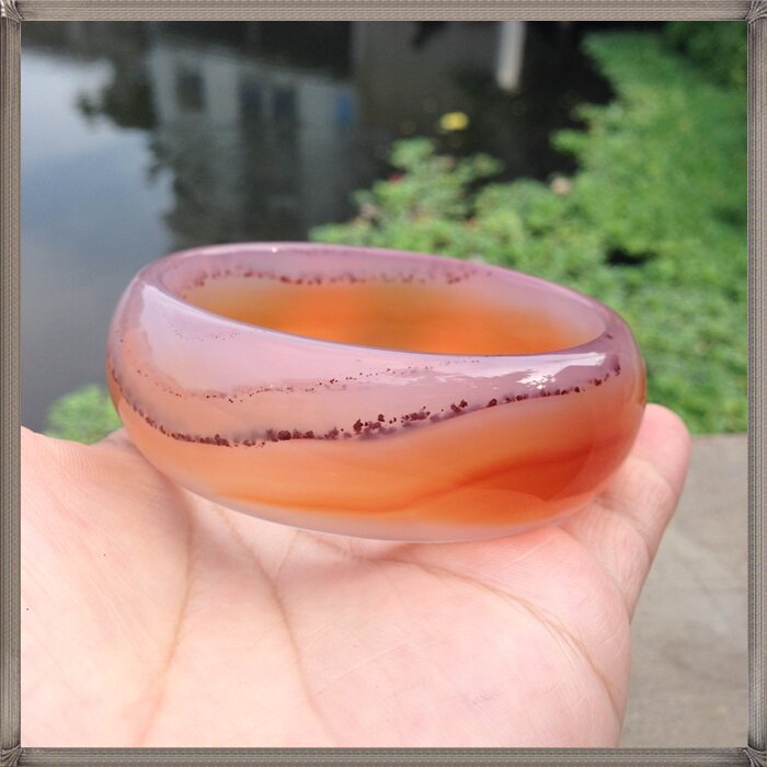 橘祥如意精美纯天然红色水草橘色底玛瑙手镯水润圆滑女款玉镯15