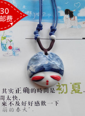原创手绘陶瓷民族风长款脸谱项链