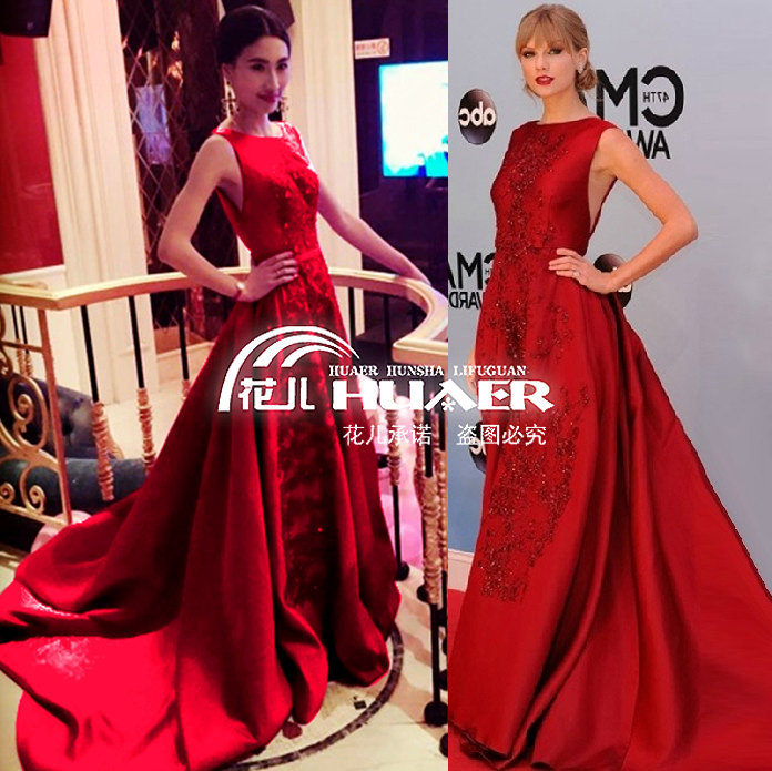 酒红一字肩新娘结婚敬酒服长款修身晚礼服Elie Saab2017演出礼服_虎窝淘