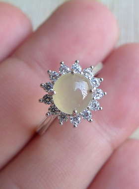 翡翠戒指纯银镶貔貅蛋面戒面吊坠女款黄色冰黄红色缅甸天然Aa货45