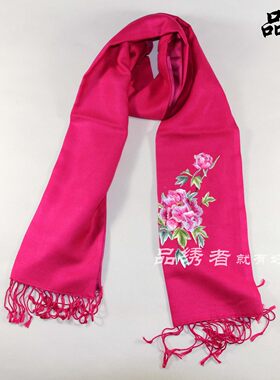 湘绣精品围巾 羊绒丝巾 秋冬季女士围脖纯手工真丝绣花刺绣超长款