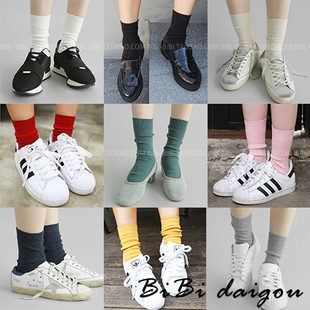 满68元 韩国两穿法翻折纯色搭吸汗毛线运动袜学生堆堆短袜g41 包邮