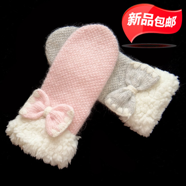 秋冬季女款冬季可爱蝴蝶结兔羊毛毛线双层加厚连指保暖针织手套！