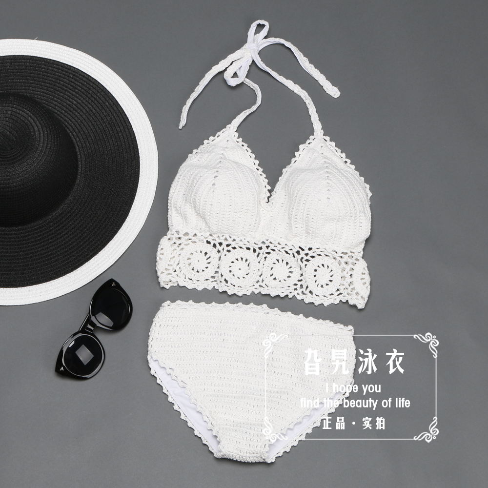 gala实拍高品质超仙纯手工针织蕾丝大胸聚拢三角比基尼泳衣女两色
