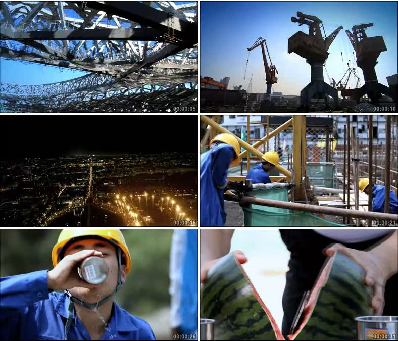 城市建设工地工人吊车喝水吃西瓜/中国高清实拍视频素材
