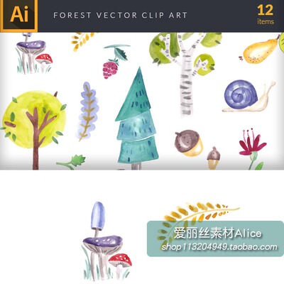 [272]可爱水彩手绘森林动植物蘑菇插画 AI矢量设计素材