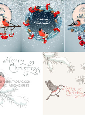 A2182矢量冬天圣诞节快乐雪花小鸟松树图案 AI设计素材