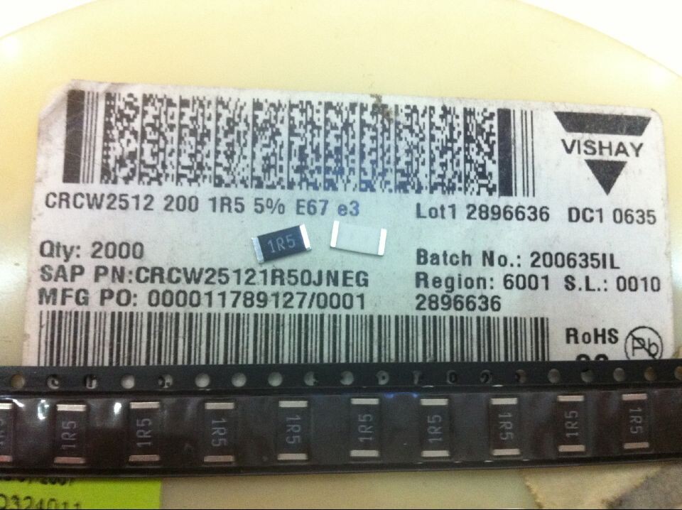 贴片电阻2512 1R5 1.5R 1.5欧 5% 200PPM 1W CRCW25121R50JNEG 电子元器件市场 电阻器 原图主图