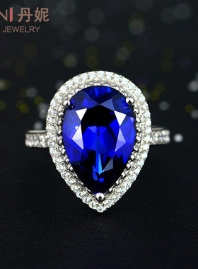 蓝宝石戒指925纯银镶嵌克拉水滴彩宝坦桑色珠宝指环镀18K金女