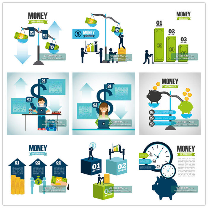 [117]扁平化信息图金钱商务金融图表 AI矢量设计素材